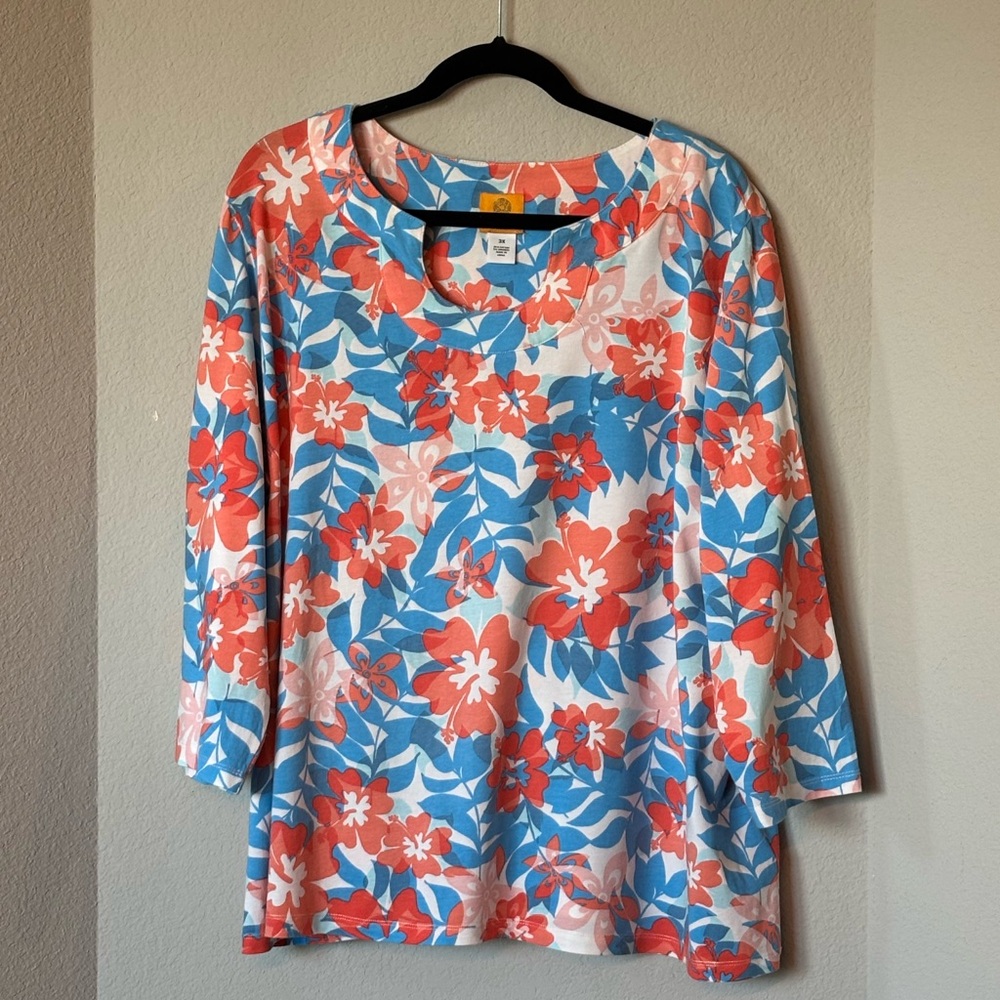 Ruby Rd Tropical Floral Top 3X Orange Blue Cotton Stretch Plus Size